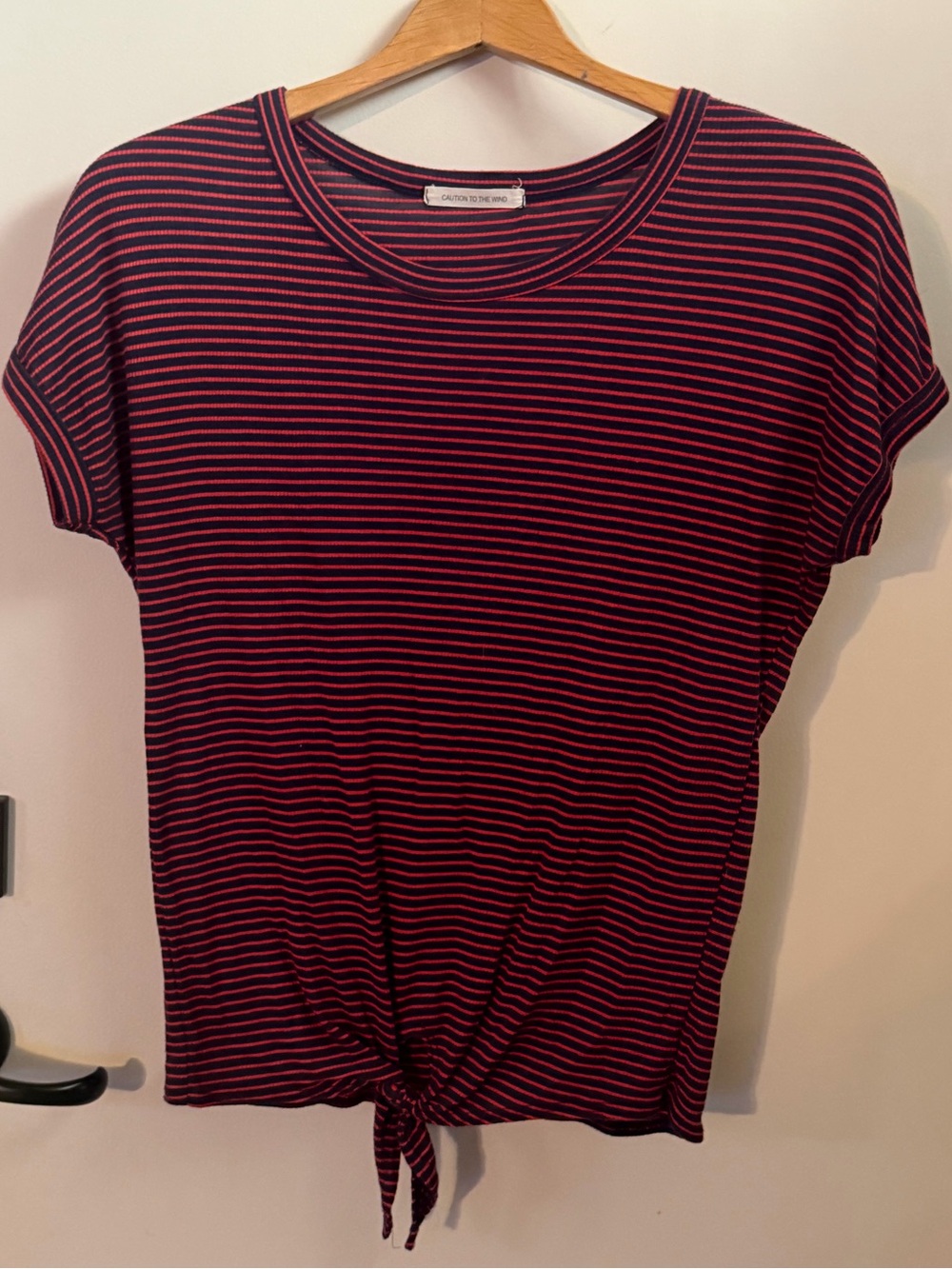 Red and Navy Scoop Neck Striped Tie-Front Short Sleeve Tee